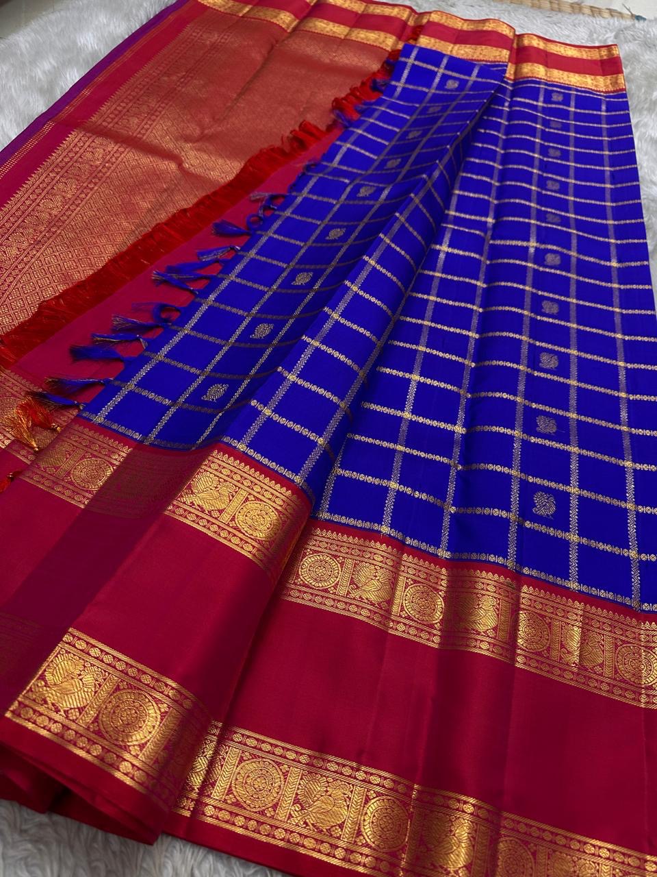 Jewel Blue and Deep Vermillion Handwoven Pure Silk Kanchipuram Saree with Veldhari Border and Zari Kattam