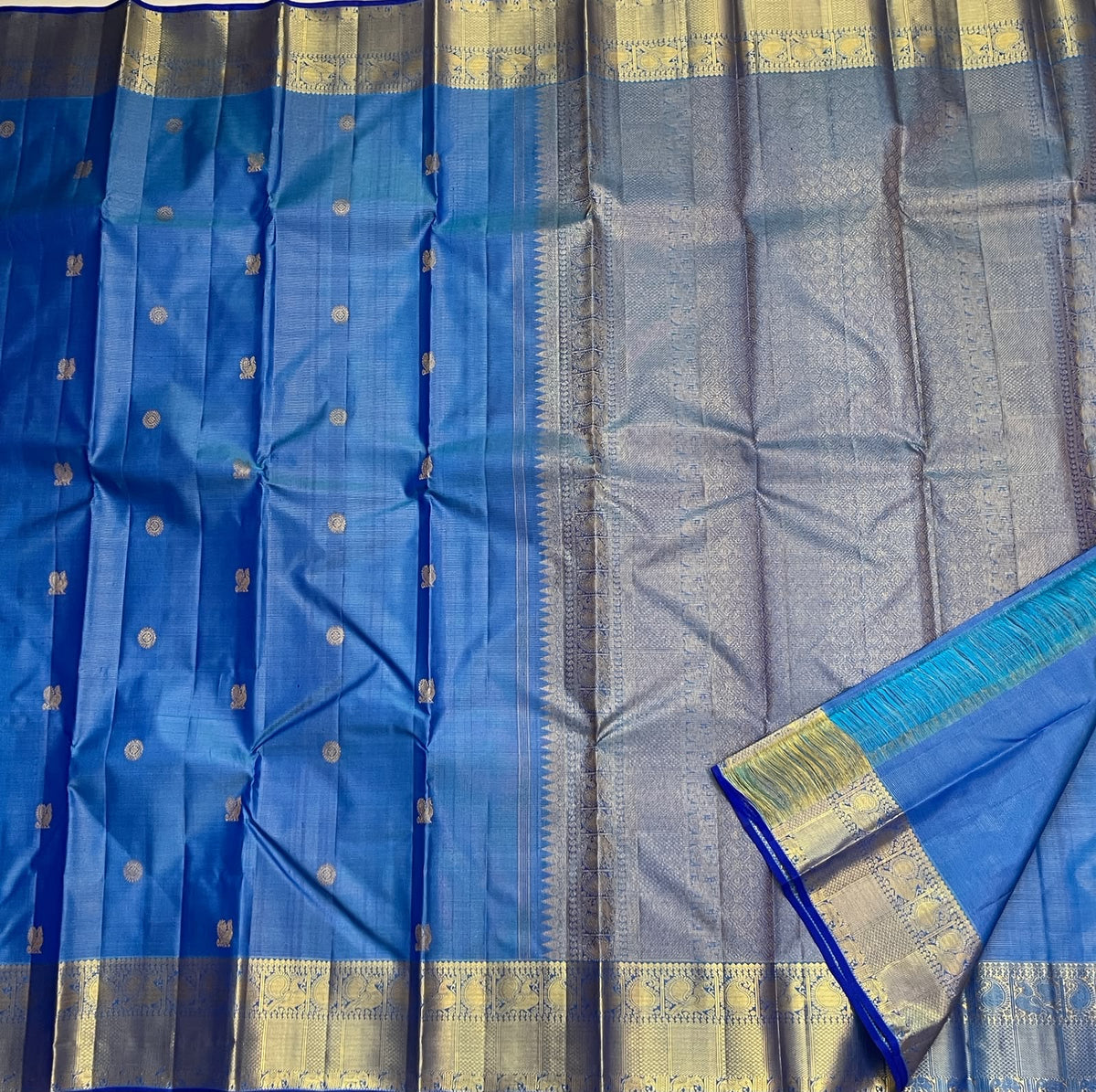 Ramar Blue Pure Silk Kanchipuram Vairaoosi Saree with Silver Zari Pettu