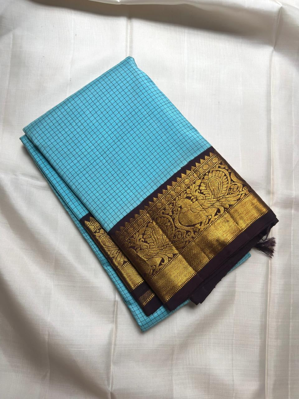 Close-up of black silk checks on the robin's egg blue Kanchi Kattam saree body