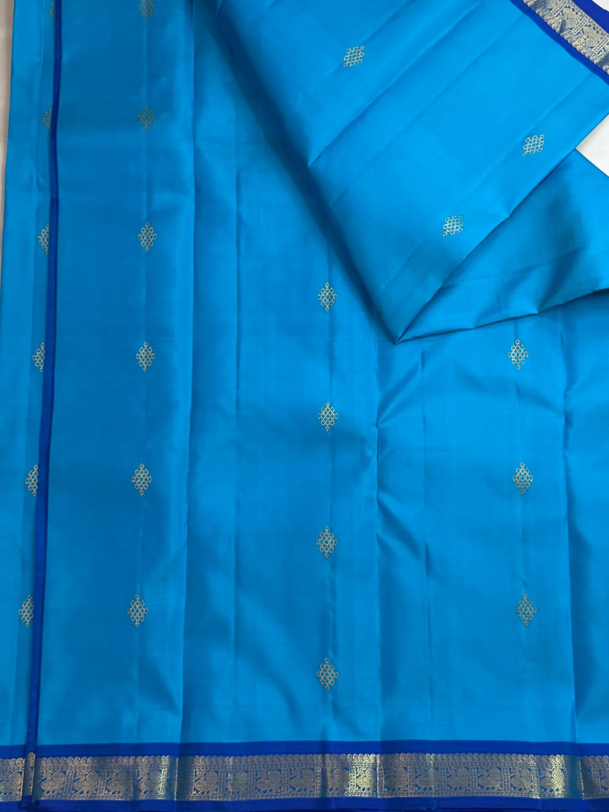 Blue Kanchipuram saree with mayil pet border, border detail