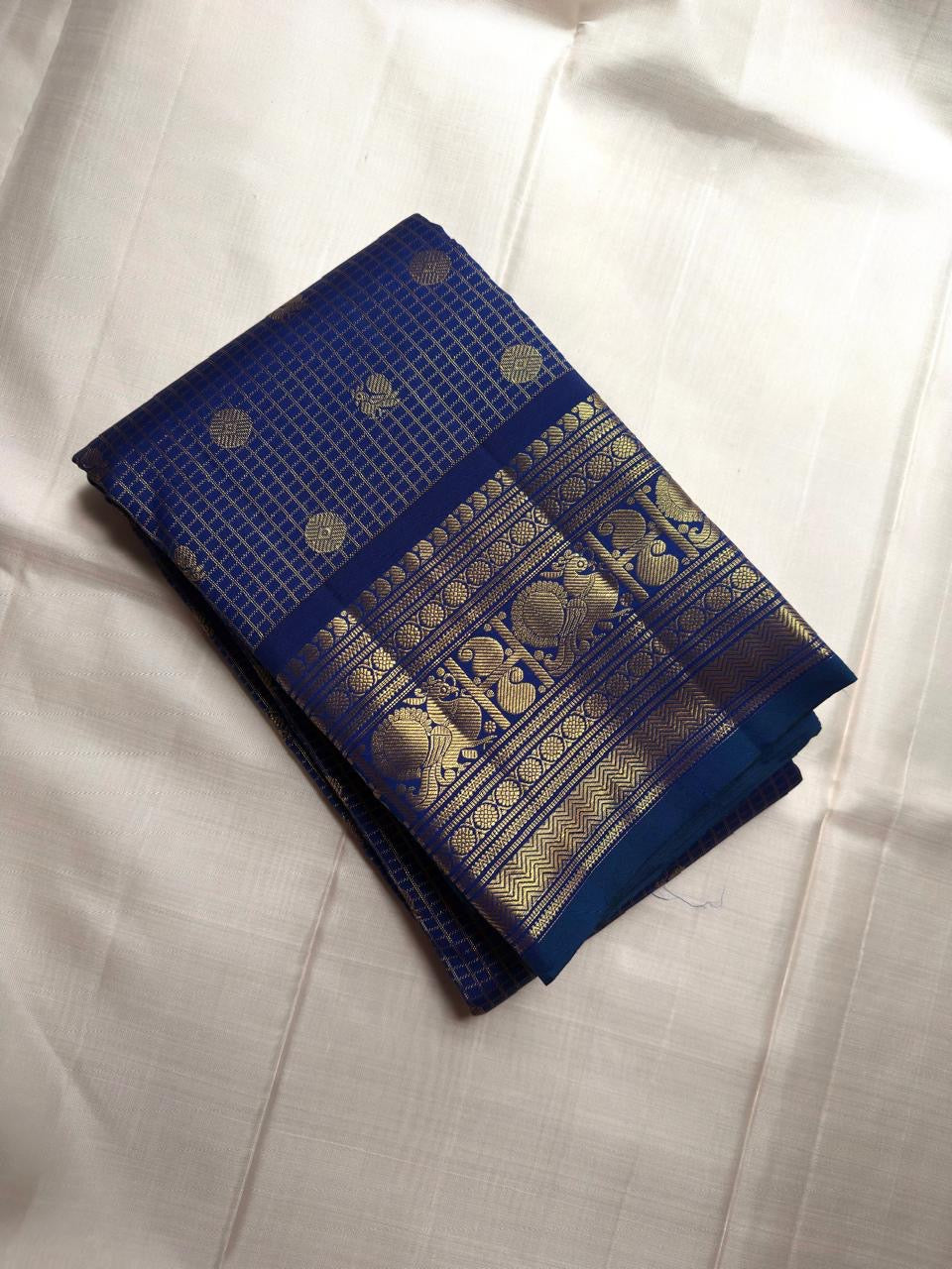 Royal blue handwoven pure silk Kanjipuram saree with gold zari checks — full saree overview — Idam Living