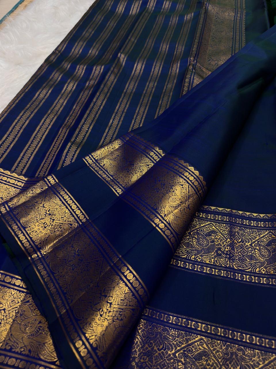 Royal Sapphire Blue Kanchipuram silk saree Rettapet gold zari border