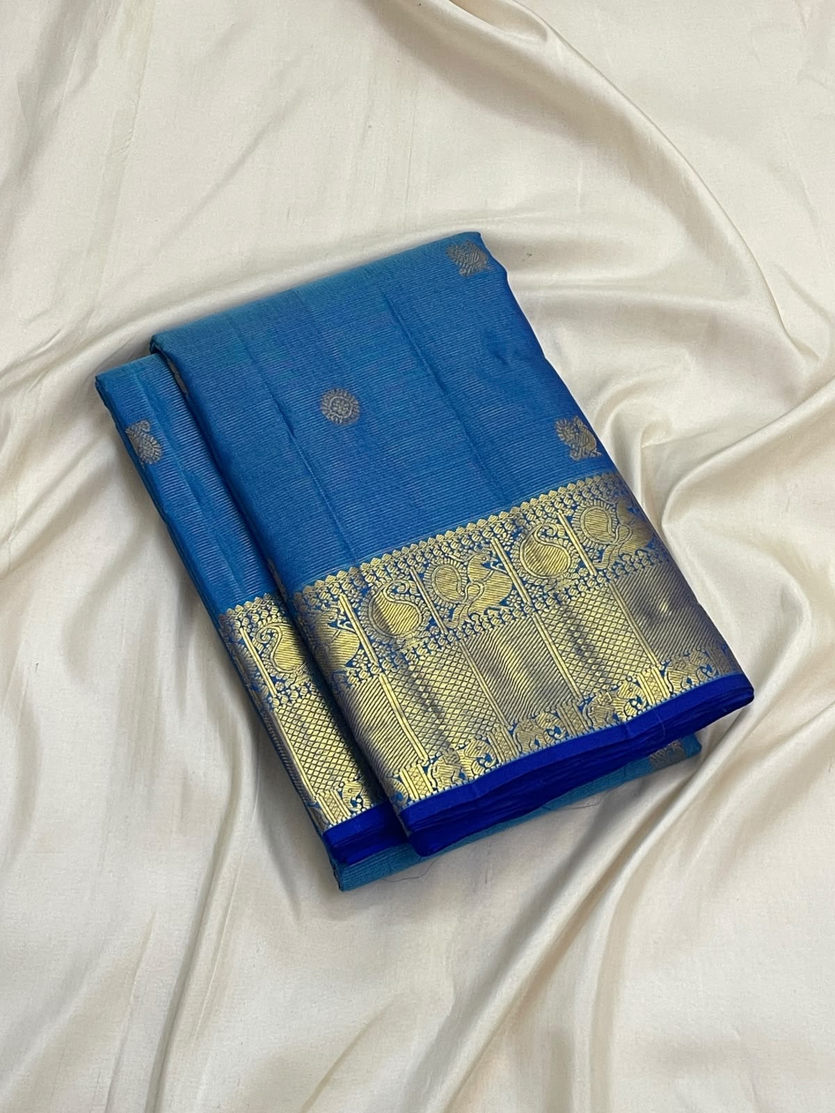 Ramar Blue Pure Silk Kanchipuram Vairaoosi Saree with Silver Zari Pettu