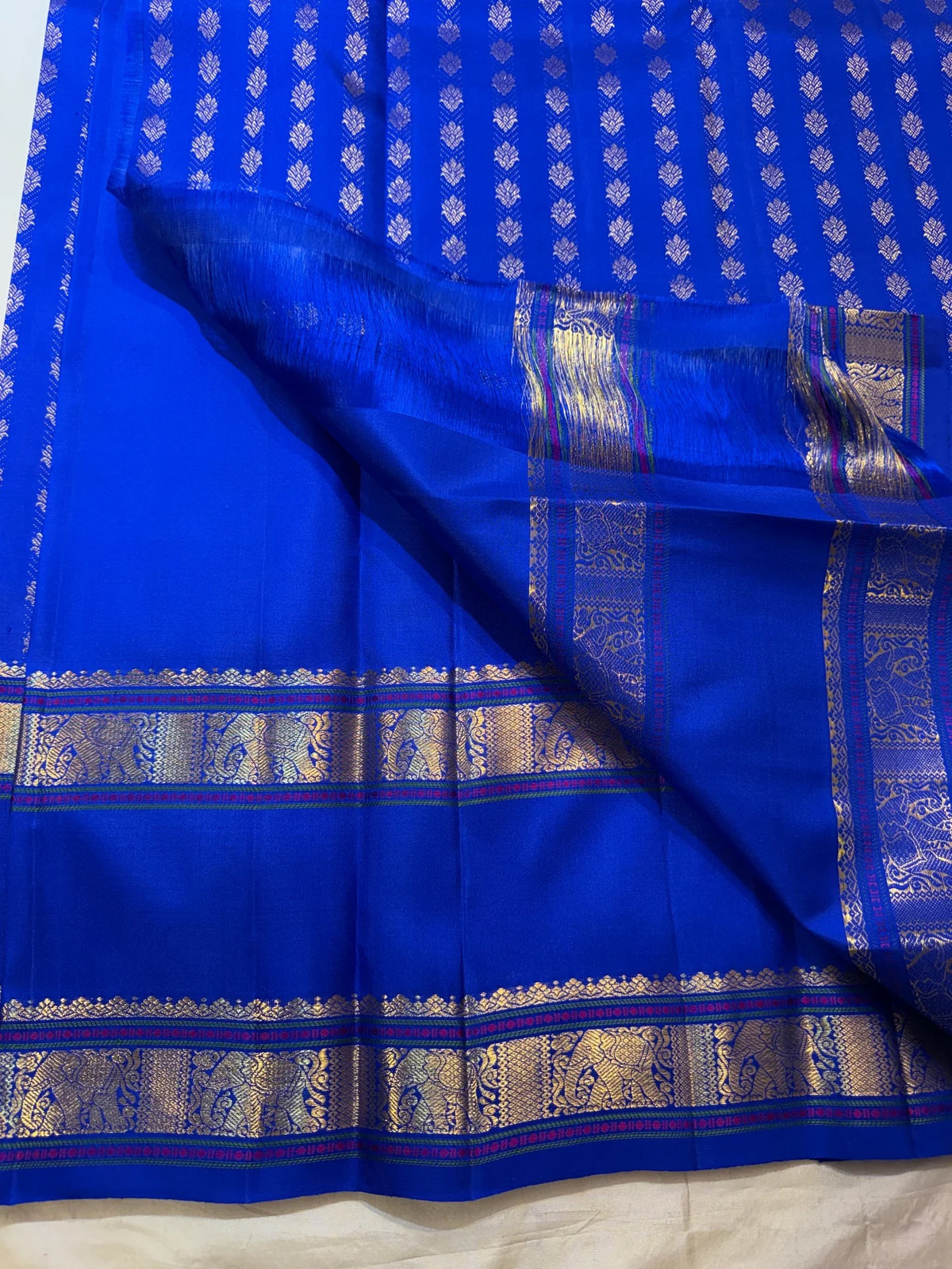 Royal Blue Kanjivaram Rettapet saree with broad antique gold Yanai zari border