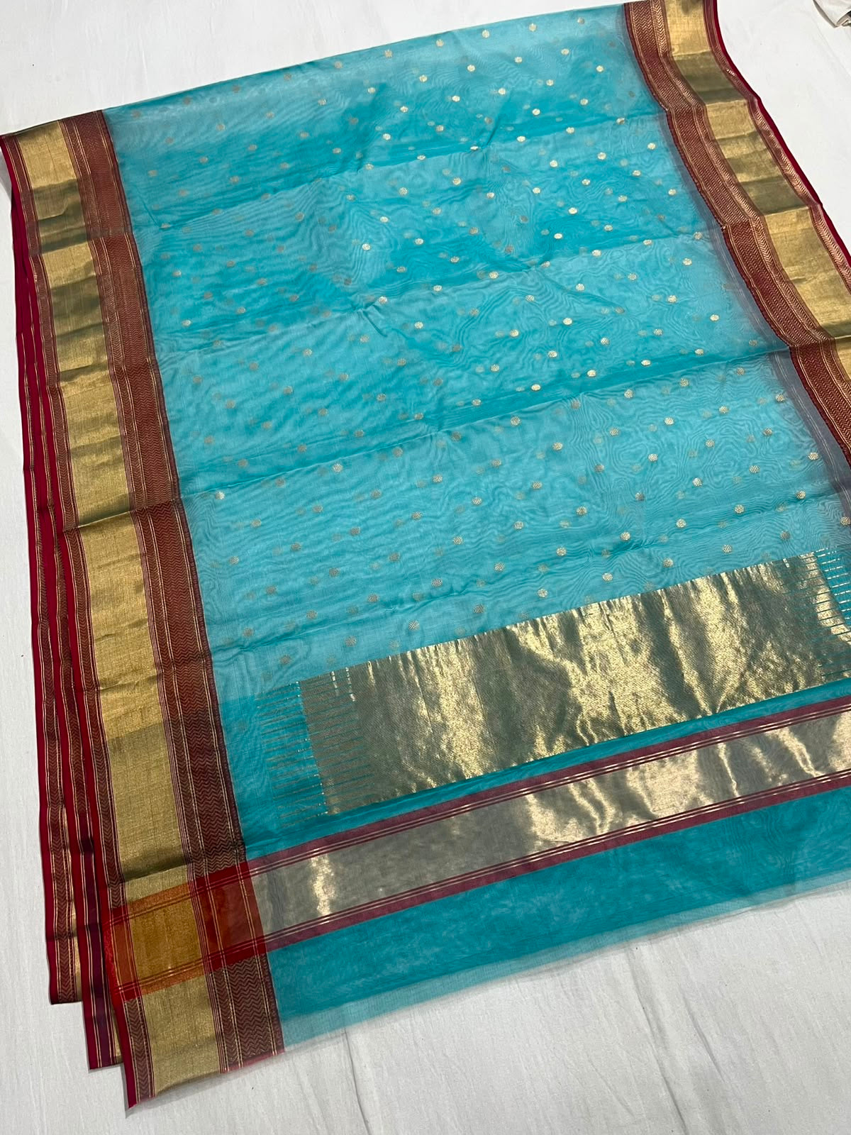 Handwoven aquamarine-blue Chanderi silk saree