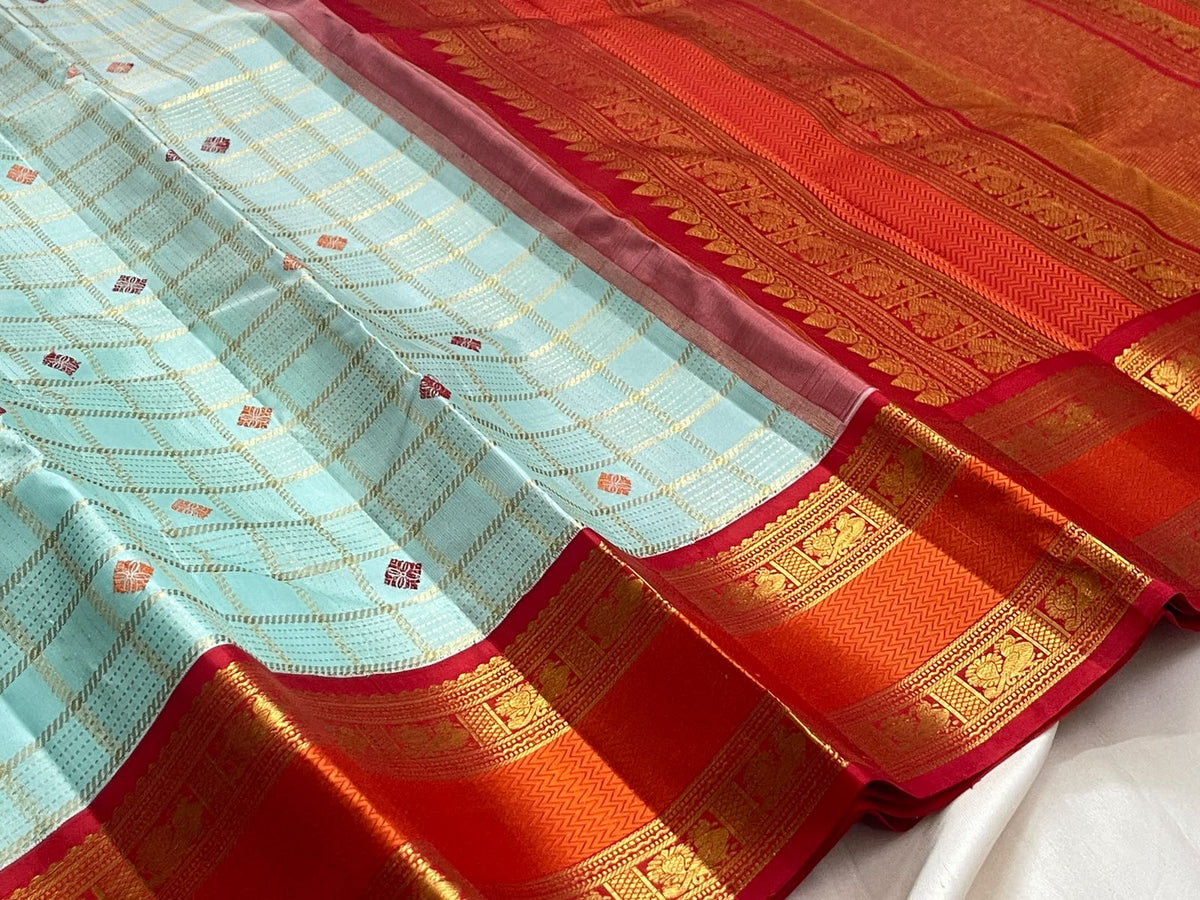 Blue and Orange-Red Kanjivaram pure silk saree