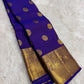 Close view of the blue silk body with visible handwoven zari details and traditional border.