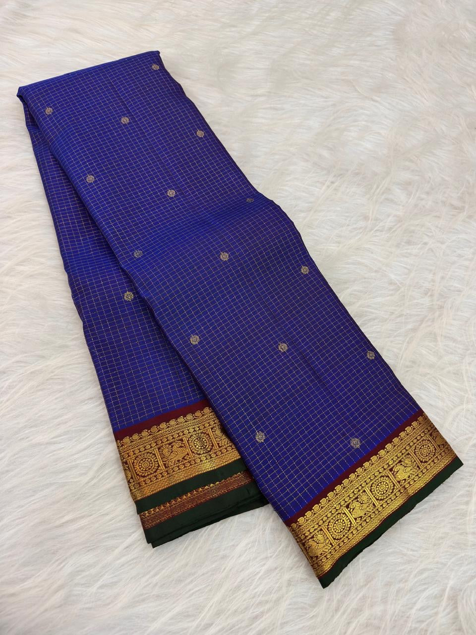 Royal Blue Pure Silk Kanchipuram Zari Kattam saree with Arakku border