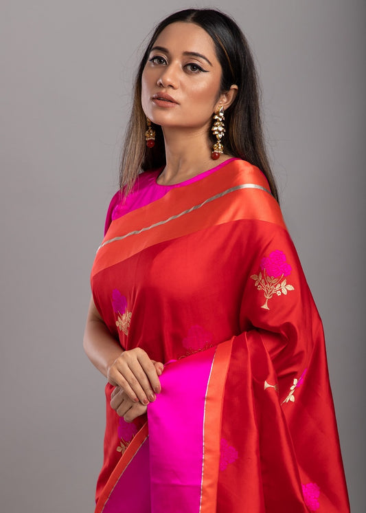 Draped view of Blush Crimson Pure Silk Chanderi Saree with Pink Orange Floral Stalk Border