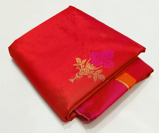 Folded view of Blush Crimson Pure Silk Chanderi Saree with Pink Orange Floral Stalk Border