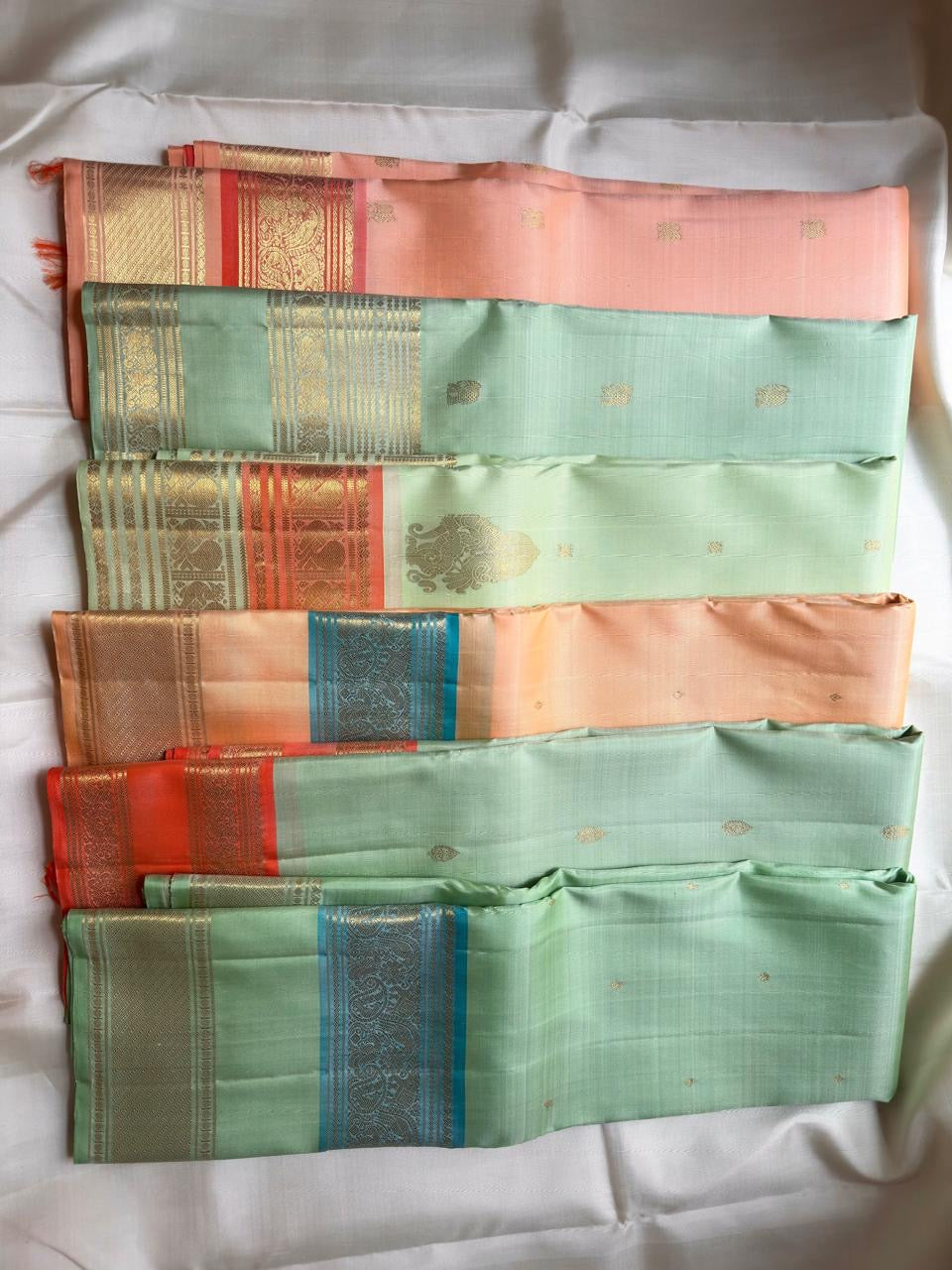 Blush Peach Kanjipuram silk saree — full front view, rettapet weave — Idam Living