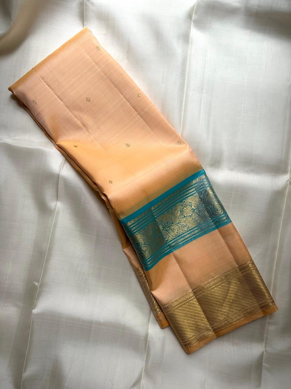 Blush Peach Kanjipuram silk saree draped, full length view — Idam Living