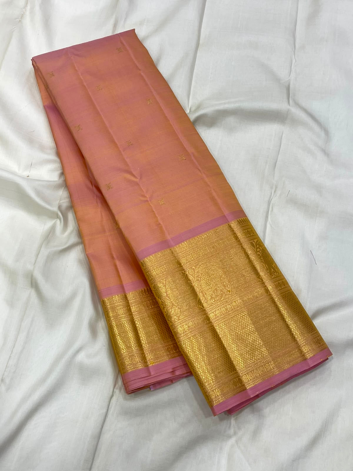 Blush Peach Kanchi Pattu saree antique gold zari border with lilac-pink selvedge