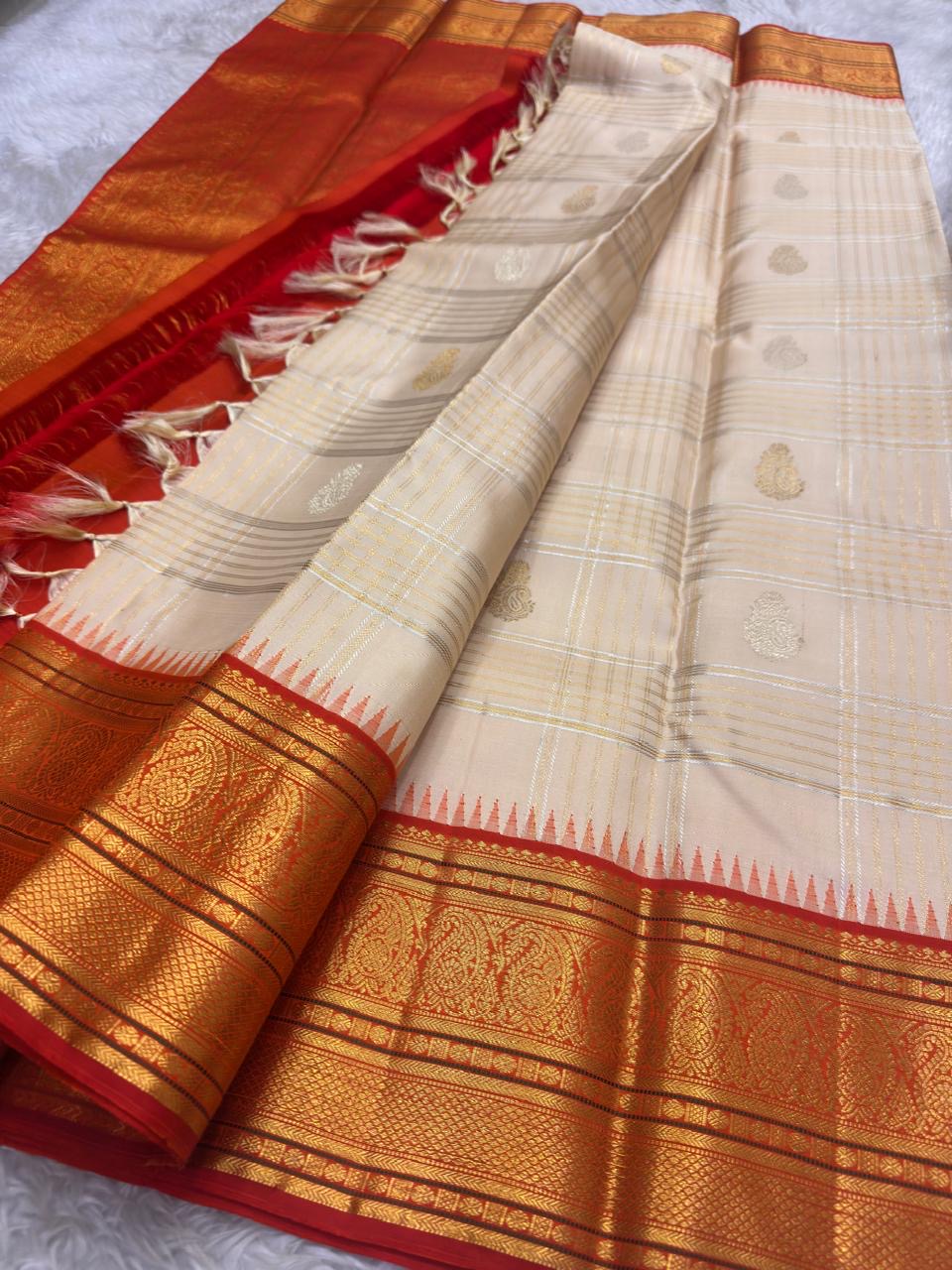 Blush Peach Pure Silk Kanjeevaram Saree — full saree overview, Korvai weave with vermilion temple border — Idam Living
