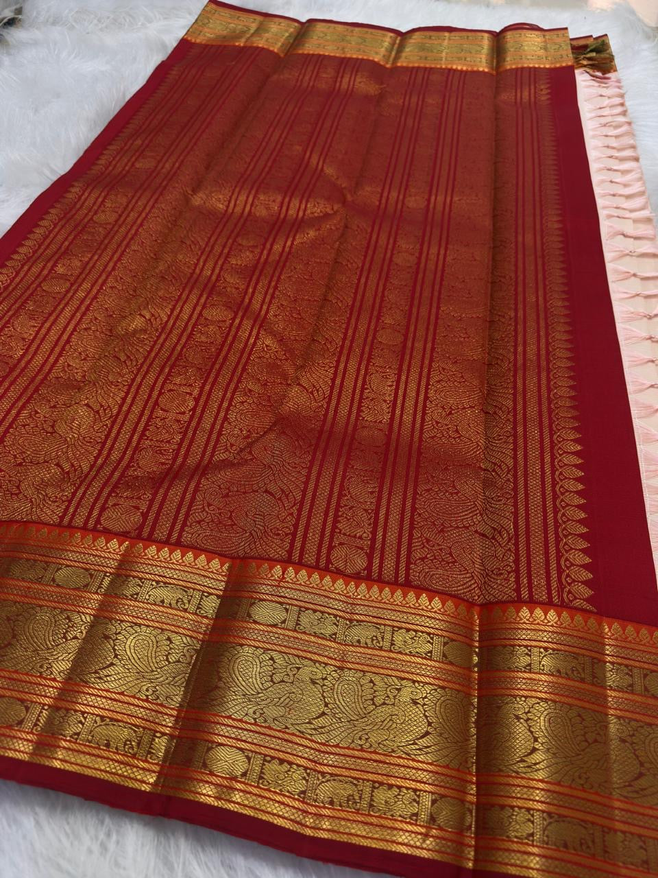 Blush Peach Kanjeevaram Saree — full drape, pure silk Kanchipuram handwoven — Idam Living