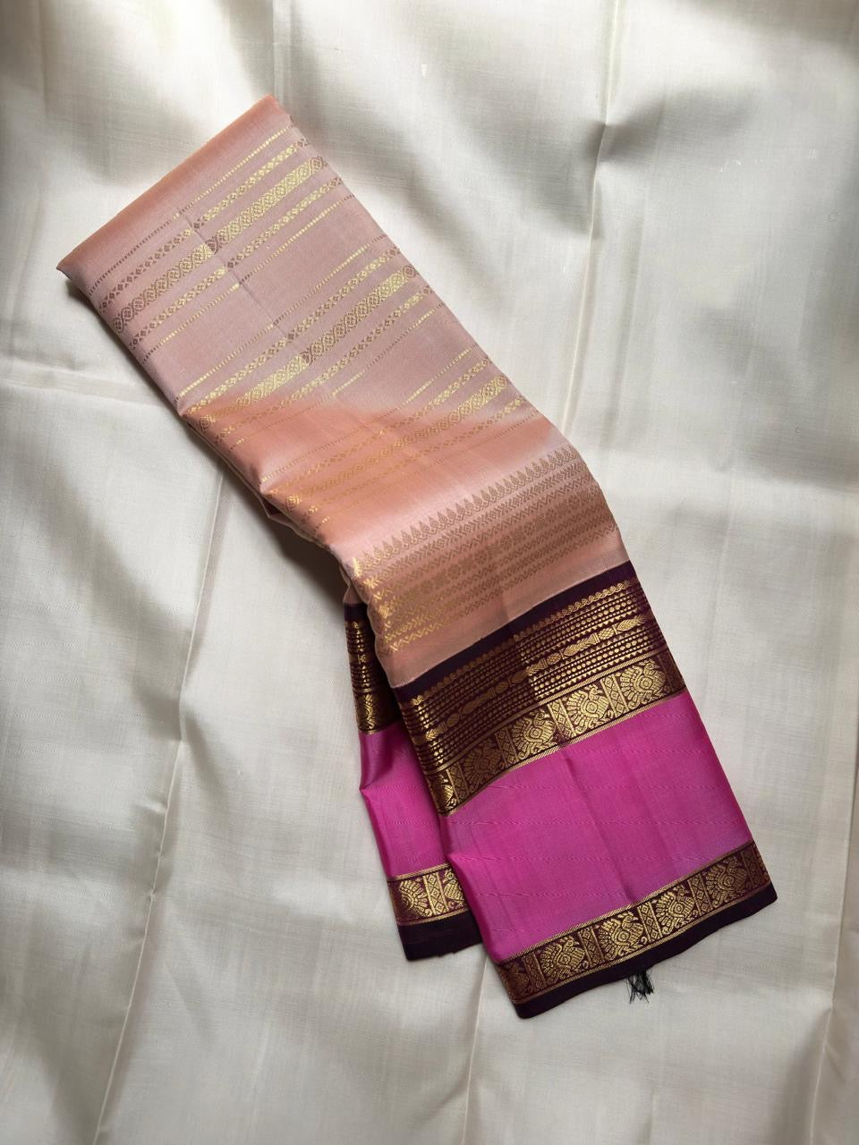 Blush peach handwoven pure silk Kanjivaram Rettapet saree, full view — Idam Living