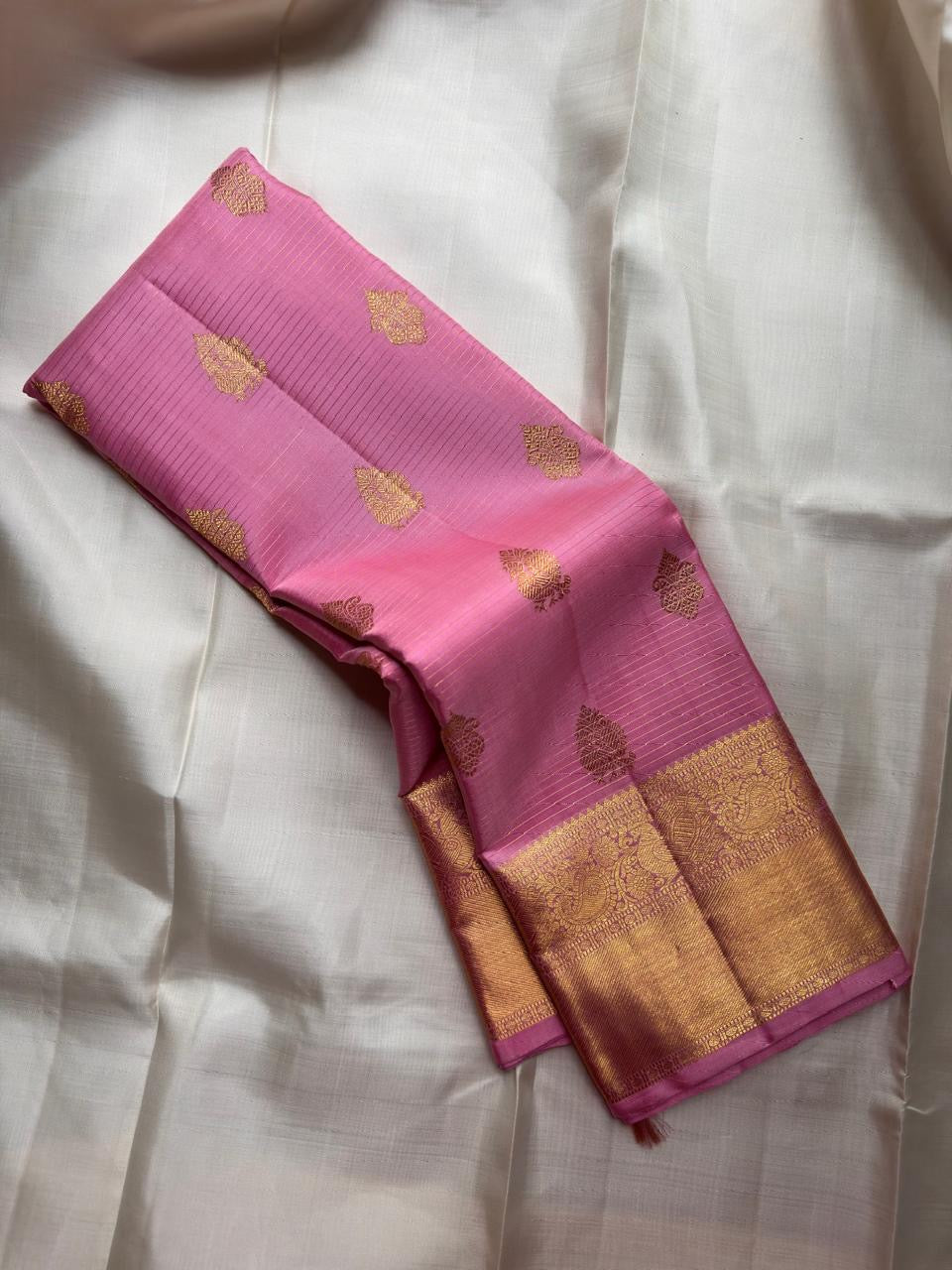 Blush Pink Handwoven Pure Silk Kancheepuram Saree with Floral Butta and Gold Border