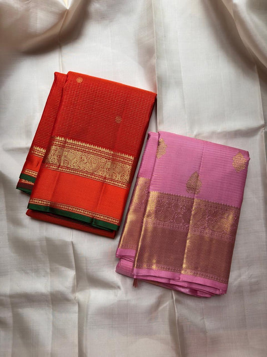 Blush Pink Handwoven Pure Silk Kancheepuram Saree with Floral Butta and Gold Border