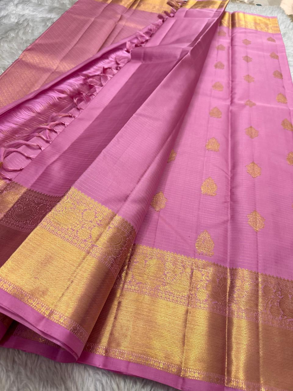 Blush Pink Handwoven Pure Silk Kancheepuram Saree with Floral Butta and Gold Border
