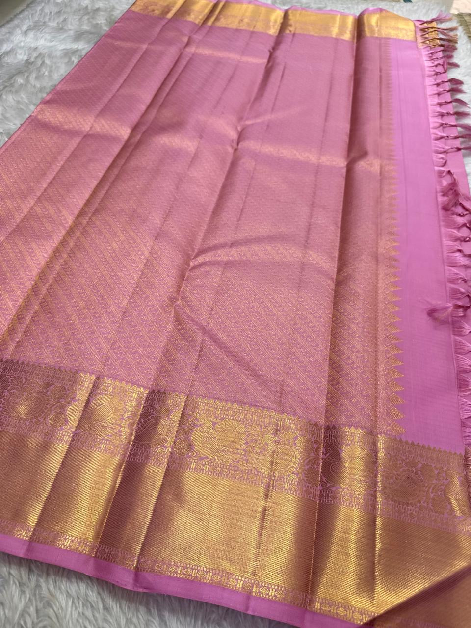 Blush Pink Handwoven Pure Silk Kancheepuram Saree with Floral Butta and Gold Border