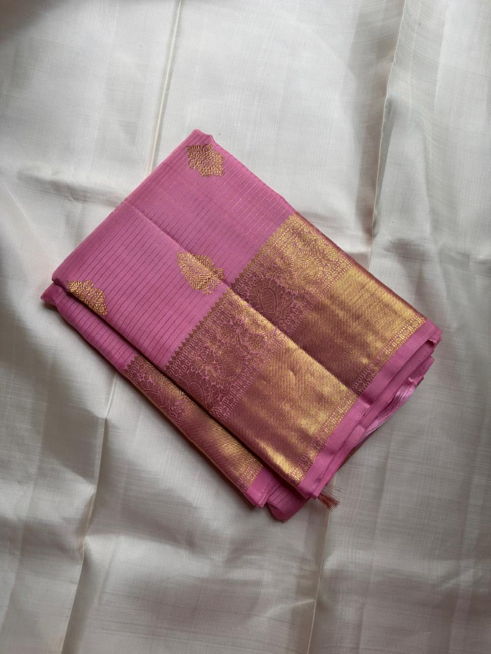 Blush Pink Handwoven Pure Silk Kancheepuram Saree with Floral Butta and Gold Border