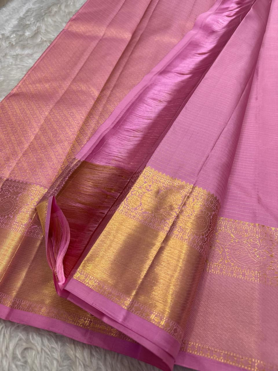 Blush Pink Handwoven Pure Silk Kancheepuram Saree with Floral Butta and Gold Border
