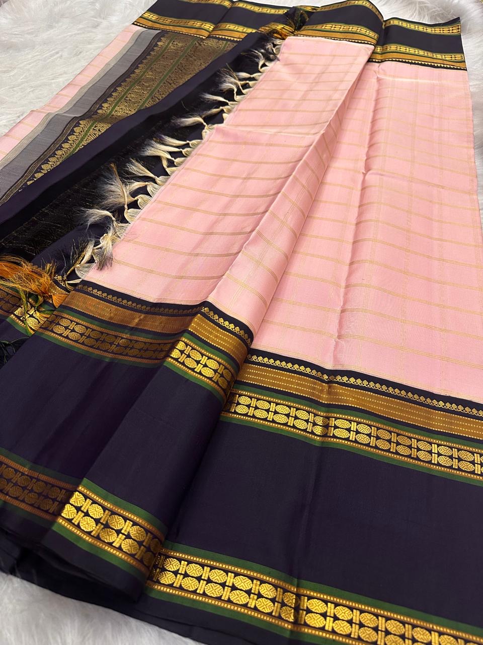 Handwoven blush pink Kanchipuram silk saree with all-over antique gold zari checks