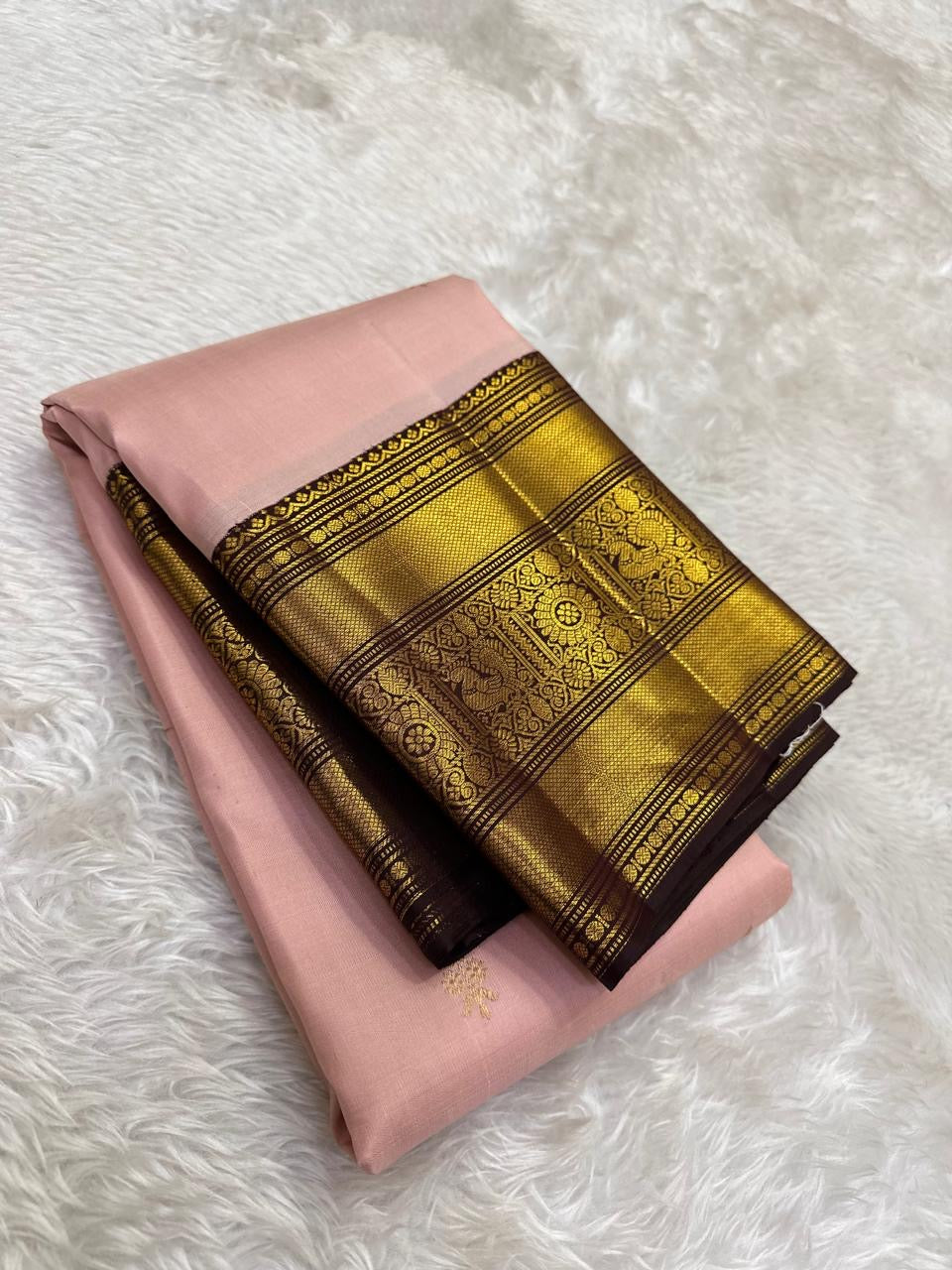 Blush pink chocolate brown Kanchipuram silk saree with Korvai construction and Thazhampoo Reku butta — Idam Living