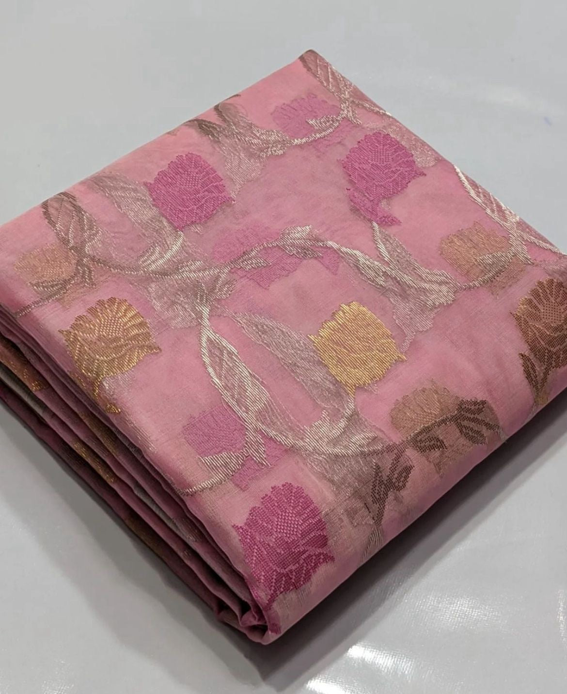 Pink Katan Silk Chanderi saree with woven leaf motifs