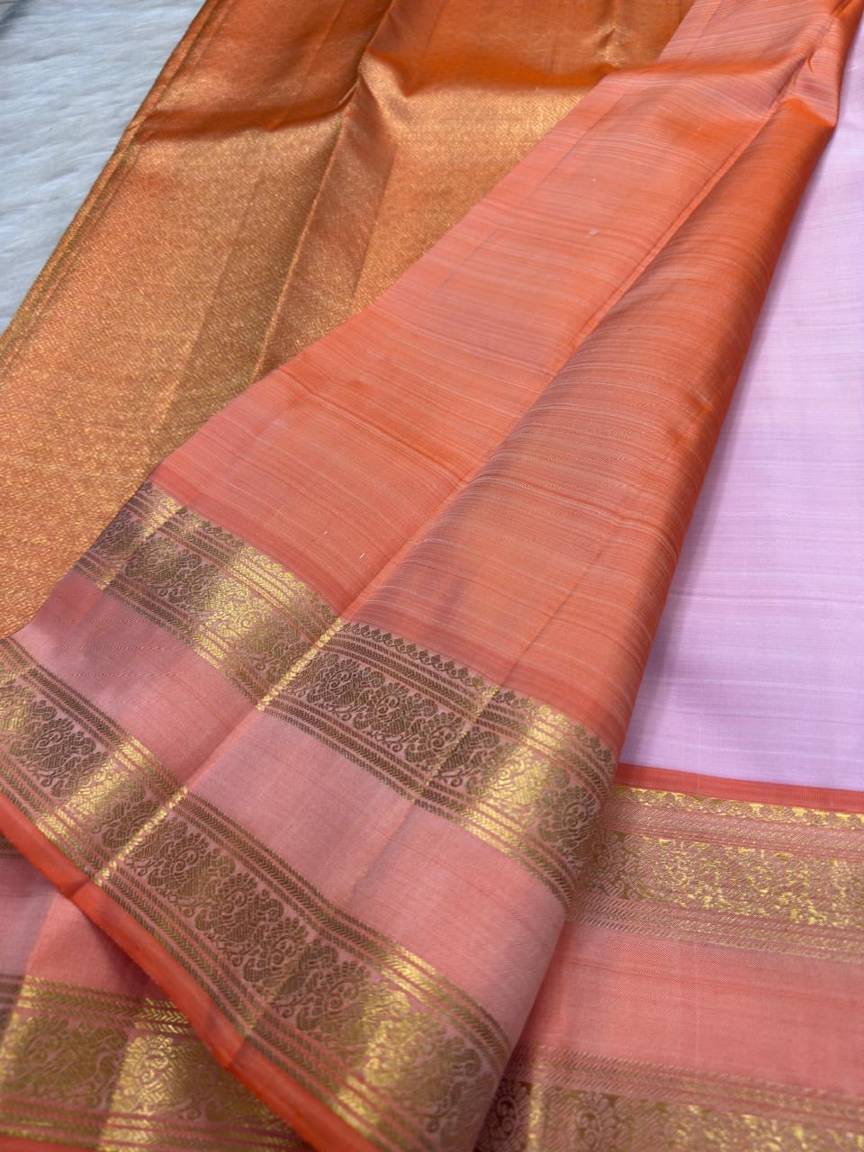 Pale Blush Pink Handwoven Pure Silk Kanjeevaram Rettapet Saree with Coral Orange Gold Zari Border