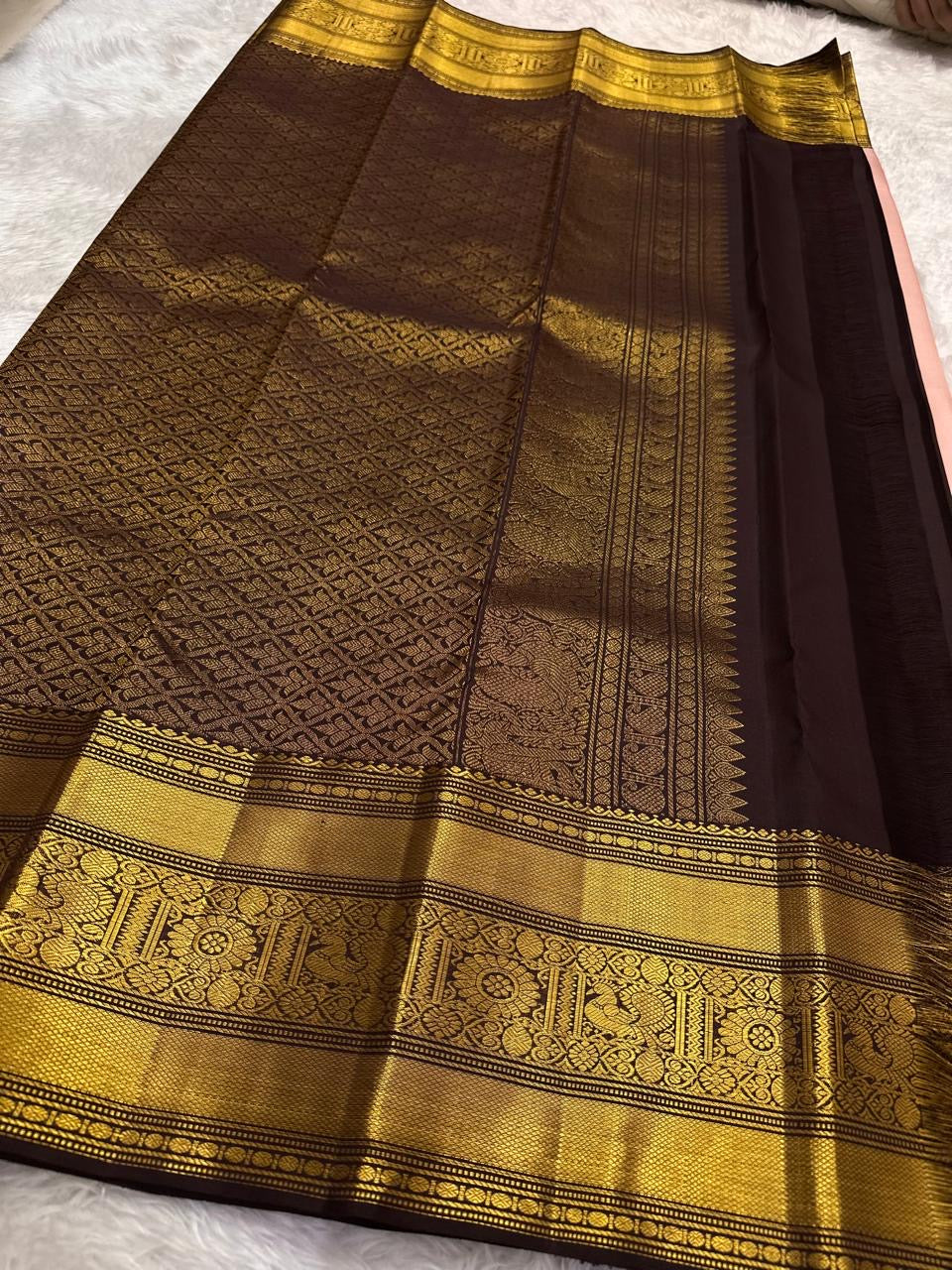 Blush pink Kanjipuram pure silk saree with Korvai chocolate brown border — Idam Living