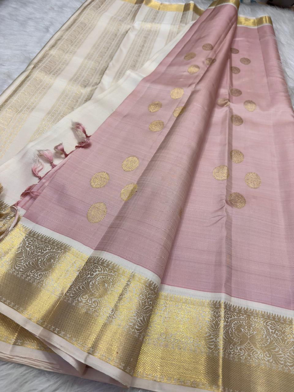 Blush Pink Handwoven Pure Silk Kanchi Pattu Saree with Soft Ivory Korvai Border