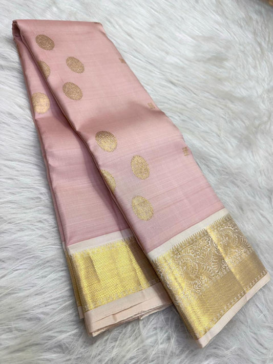 Blush Pink Handwoven Pure Silk Kanchi Pattu Saree with Soft Ivory Korvai Border