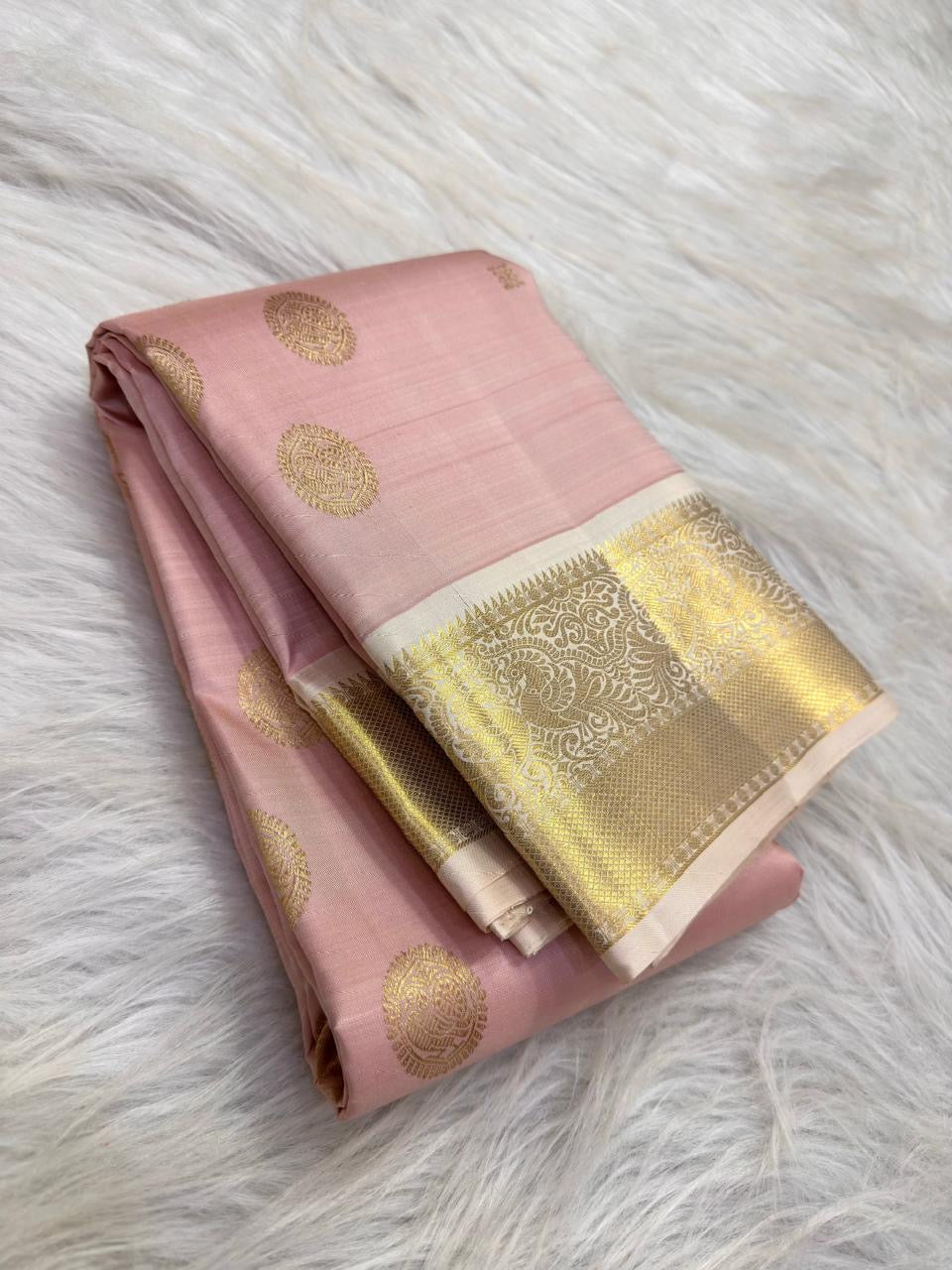 Blush Pink Handwoven Pure Silk Kanchi Pattu Saree with Soft Ivory Korvai Border