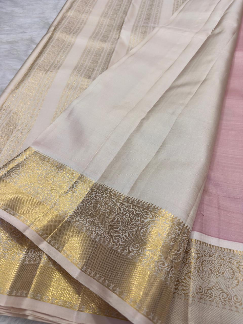 Blush Pink Handwoven Pure Silk Kanchi Pattu Saree with Soft Ivory Korvai Border
