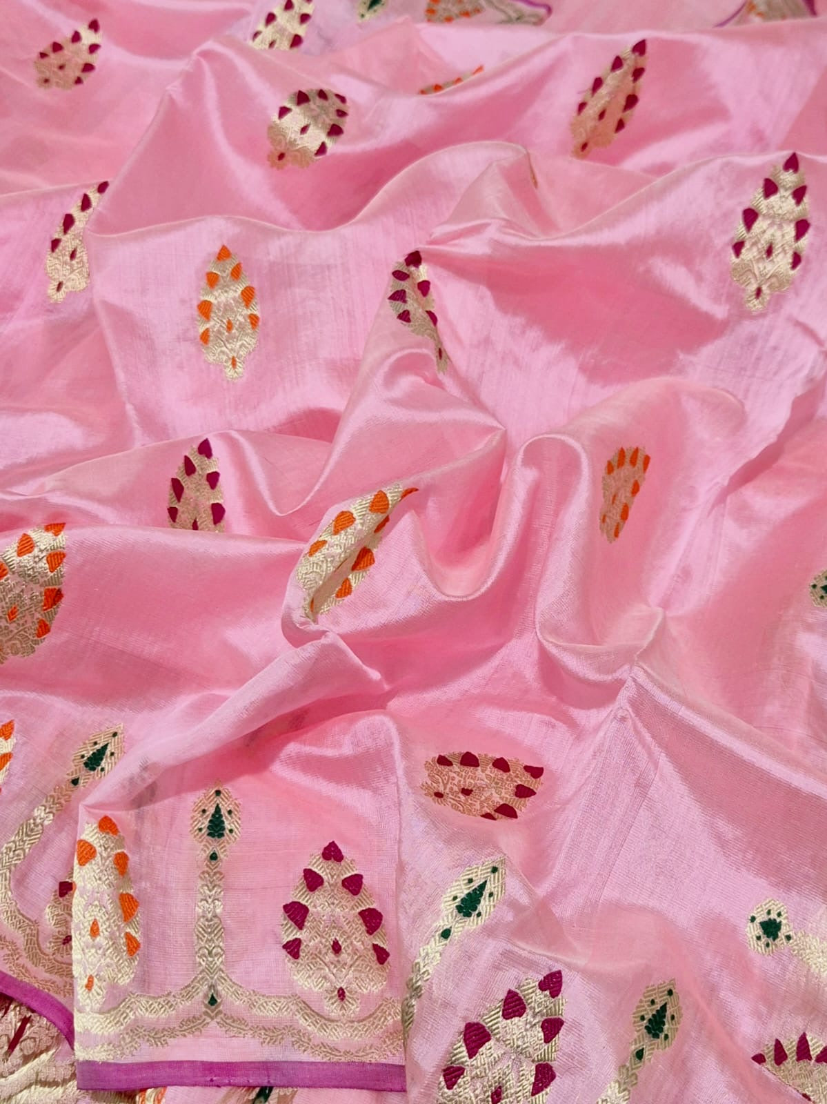 Blush pink handloom Pattu Silk Chanderi saree with gold woven motifs and magenta orange green accents