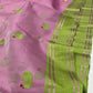 Blush pink pure silk Chanderi handloom saree with green border and woven bird motifs