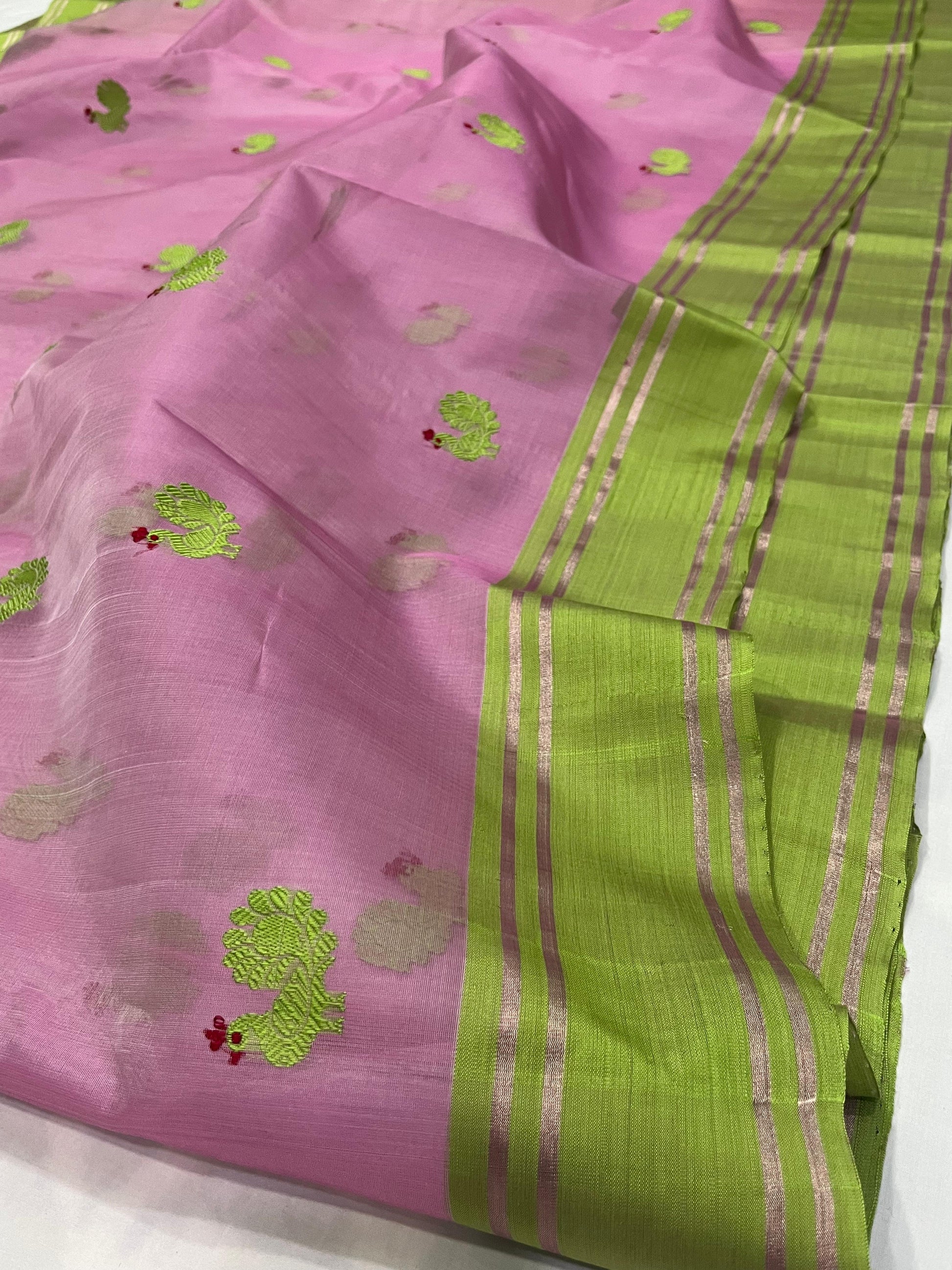 Blush pink pure silk Chanderi handloom saree with green border and woven bird motifs