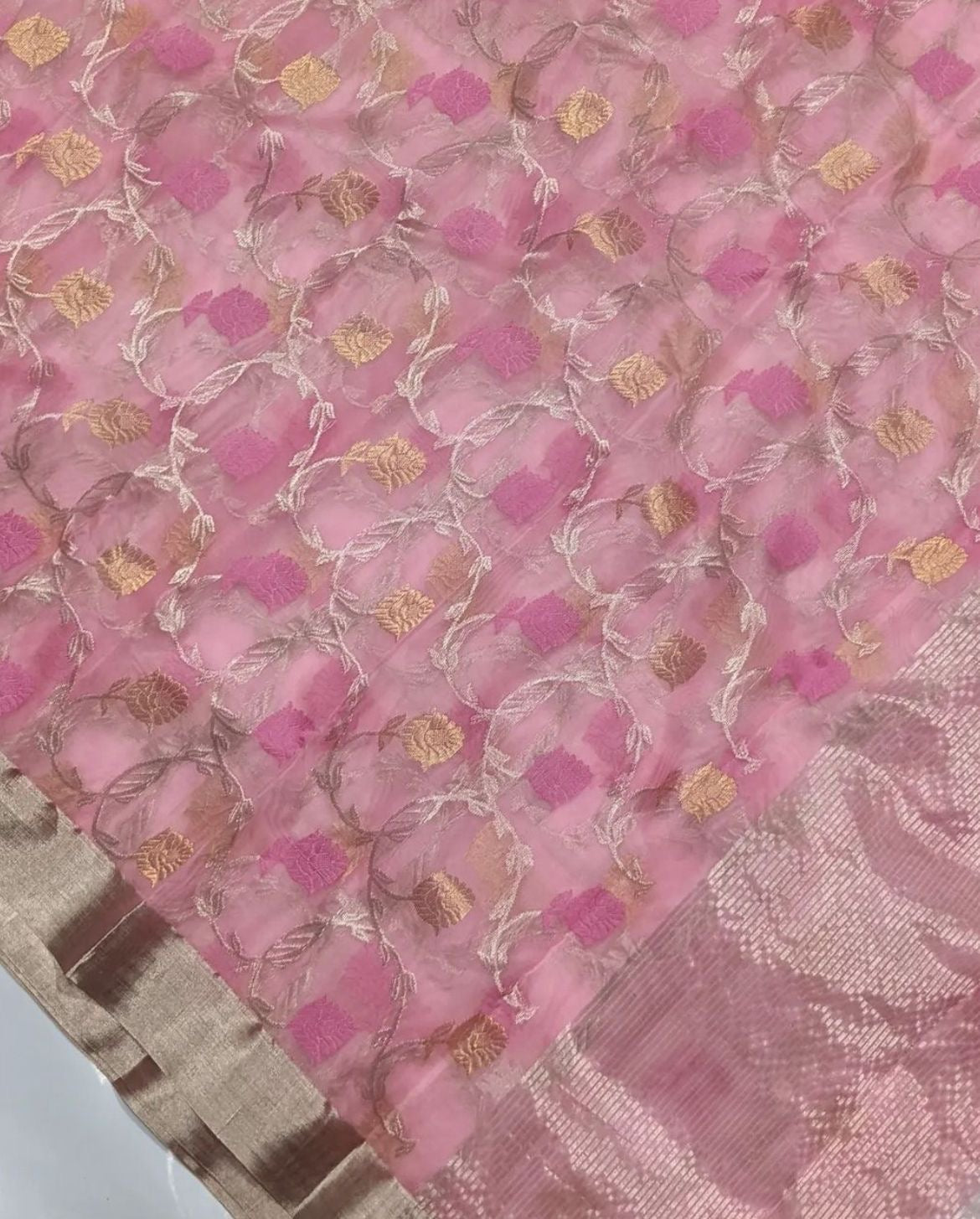 Blush pink Pure Silk Chanderi saree with woven vine jaal