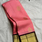Blush pink handwoven pure silk Kanchi Pattu Korvai saree with mayil zari buttas and gold border, full view