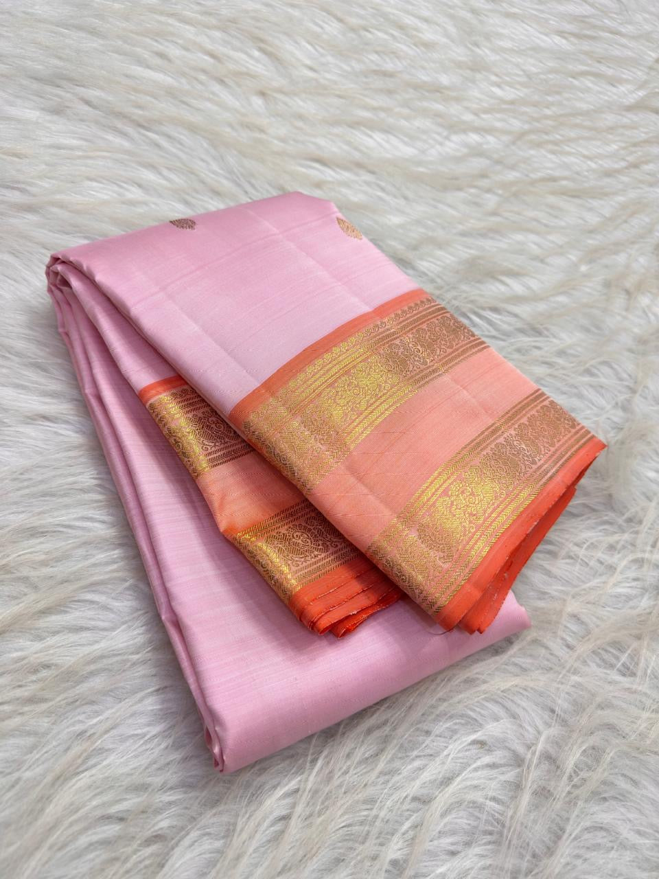 Pale Blush Pink Handwoven Pure Silk Kanjeevaram Rettapet Saree with Coral Orange Gold Zari Border