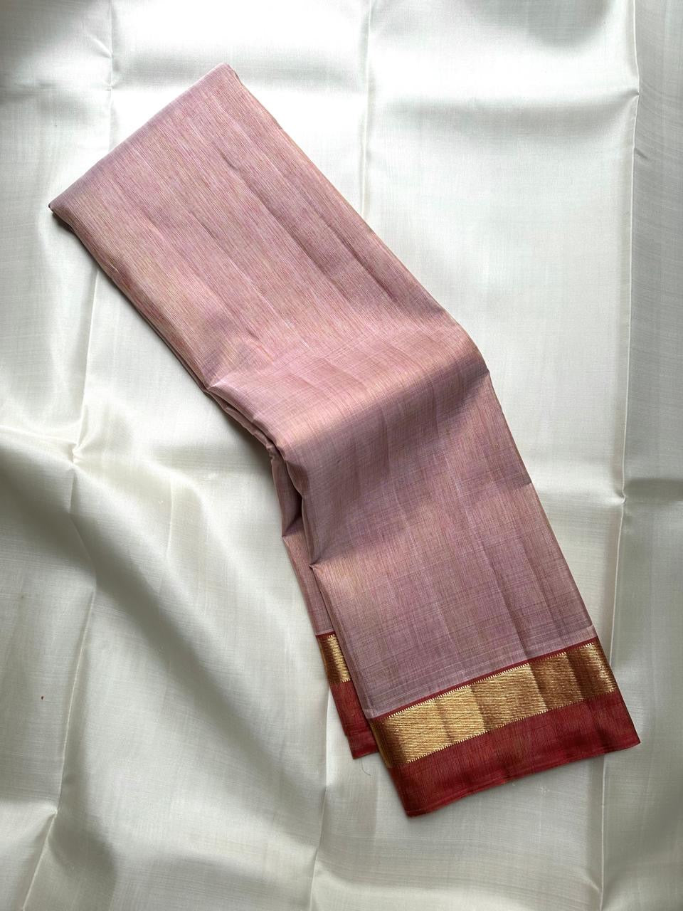 Blush Pink Handwoven Pure Silk Kanjeevaram Saree with Plain Body and Deep pink  Zari Border