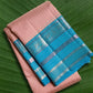 Kanchipattu silk saree in blush pink with turquoise blue border Zari Kattam weave traditional zari detail