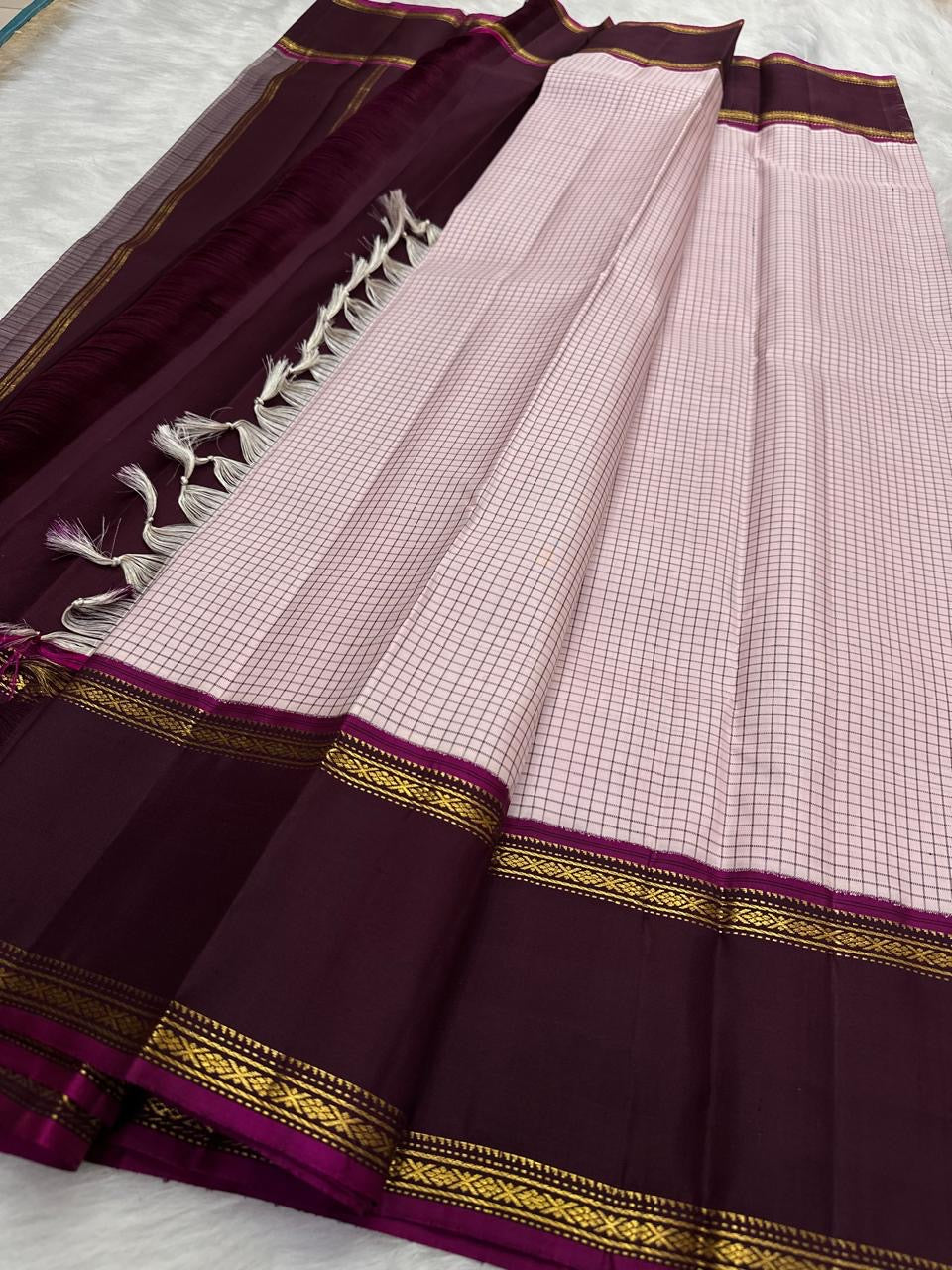 Blush Rose and Deep Plum Handwoven Pure Silk Kanchipuram Saree with Rettapet Vankipet Border