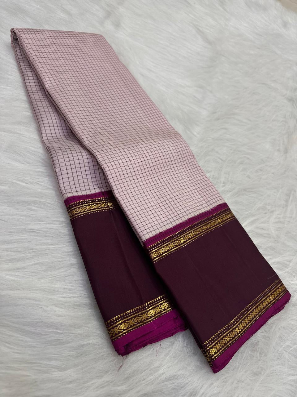 Blush Rose and Deep Plum Handwoven Pure Silk Kanchipuram Saree with Rettapet Vankipet Border
