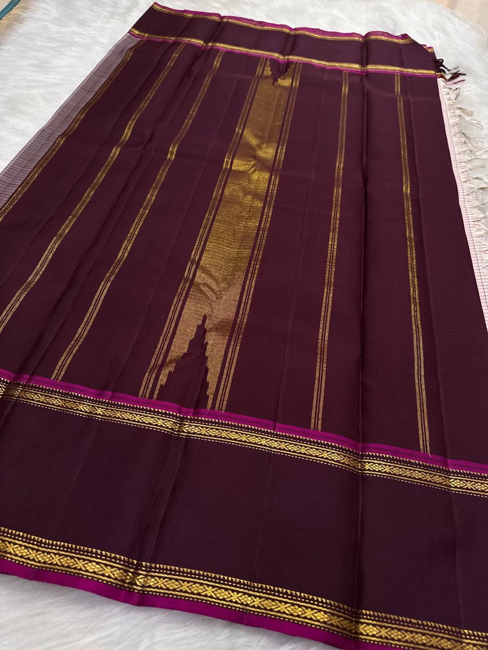 Blush Rose and Deep Plum Handwoven Pure Silk Kanchipuram Saree with Rettapet Vankipet Border
