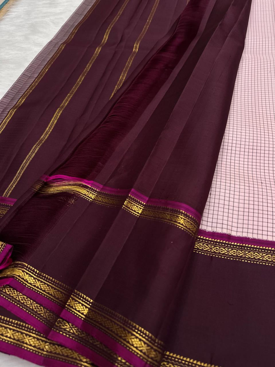 Blush Rose and Deep Plum Handwoven Pure Silk Kanchipuram Saree with Rettapet Vankipet Border