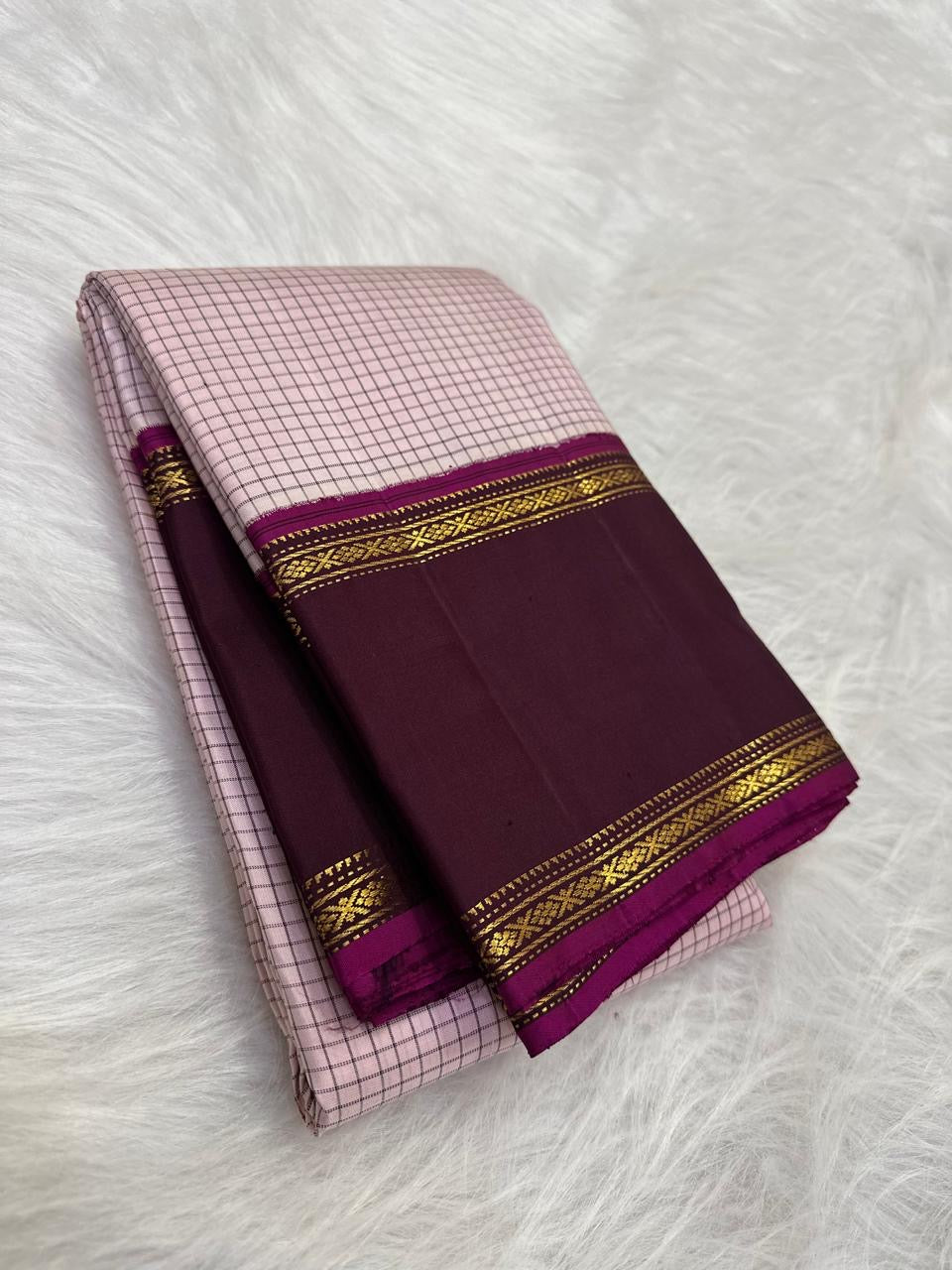 Blush Rose and Deep Plum Handwoven Pure Silk Kanchipuram Saree with Rettapet Vankipet Border
