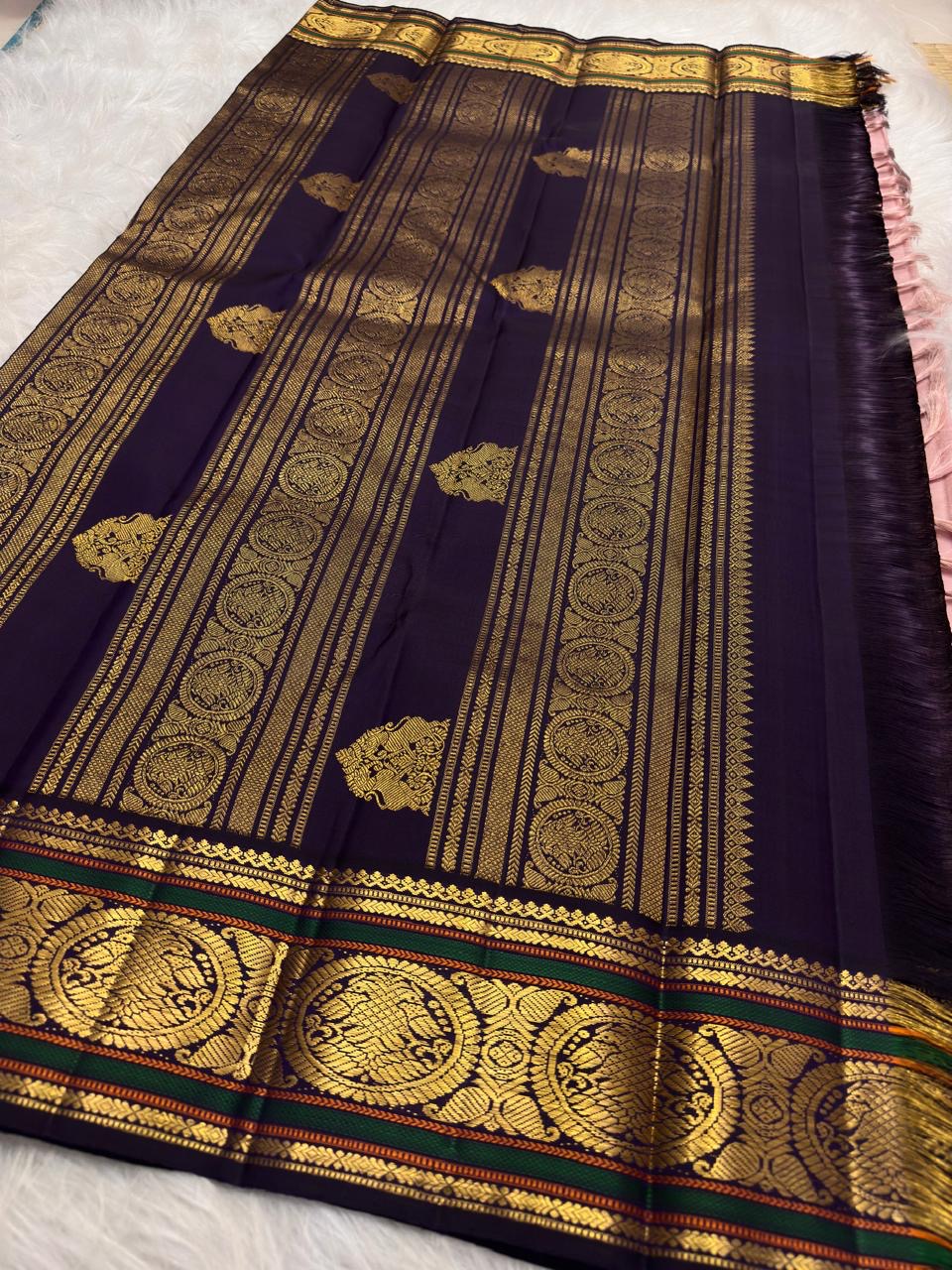Blush Rose Kanchipuram silk saree aubergine border and pallu
