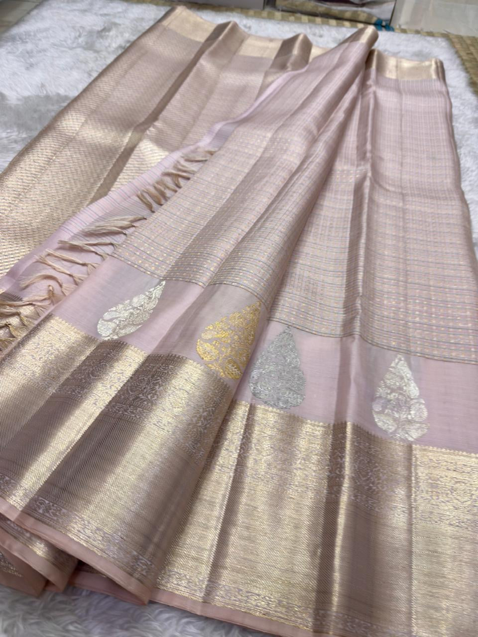 Blush rose pink Kancheepuram silk saree antique gold zari border